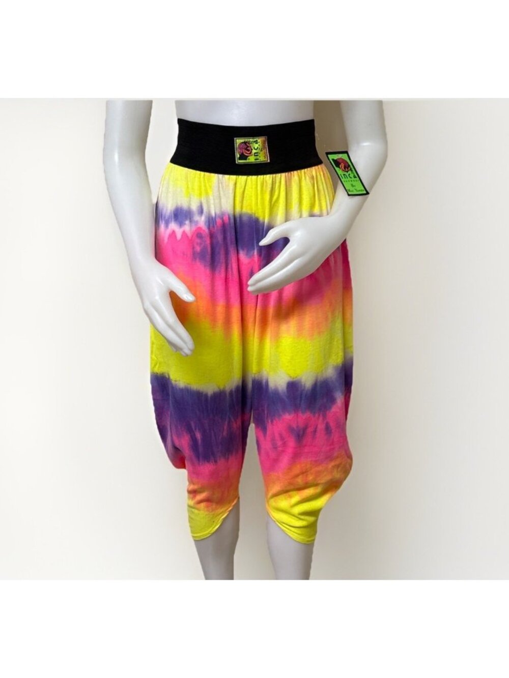 Vtg Tie Dye Crop Pants Womens L Rainbow Cotton Knit Elastic Waist Inca Sunwear